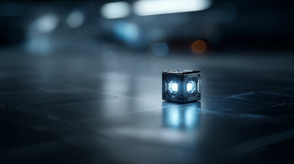 A futuristic IT and technology device with glowing blue lights is displayed on a sleek digital surface in a modern environment from a straight-on viewpoint