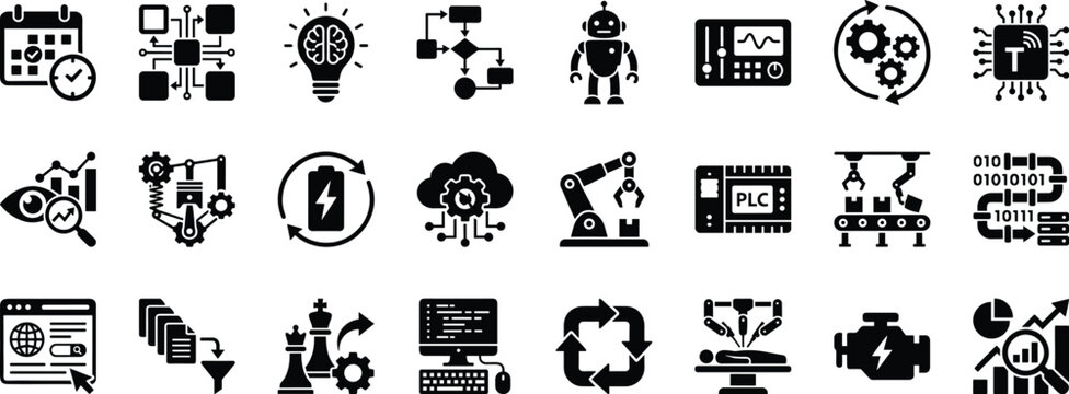 Industry 4.0 automation and artificial intelligence solid icon set featuring robotics, IoT, PLC, data analytics, smart manufacturing, cloud computing, and industrial control systems