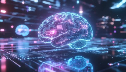 Glowing neon brain with circuit board details in futuristic tech environment