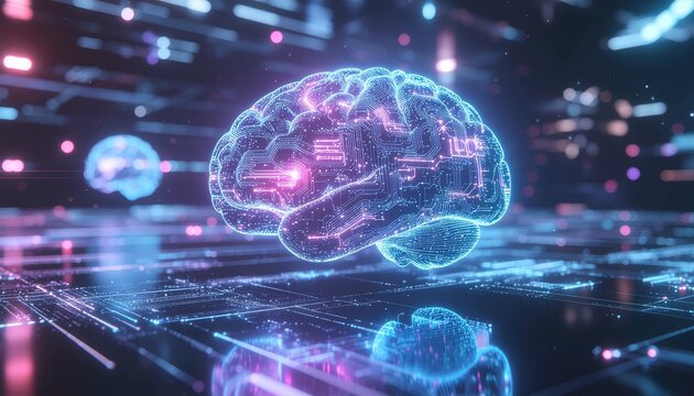 Glowing neon brain with circuit board details in futuristic tech environment - Powered by Adobe