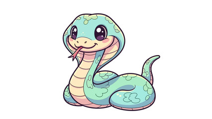 Obraz premium A super cute kawaii Chinese mascot vector of a smiling cartoon snake with pastel green and pink colors on a white background.