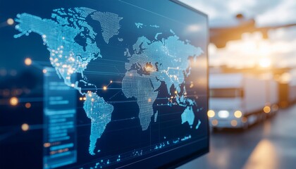 Global logistics and transportation network on digital screen