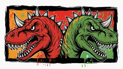 Vibrant dinosaur duo with spiky heads in graffiti style