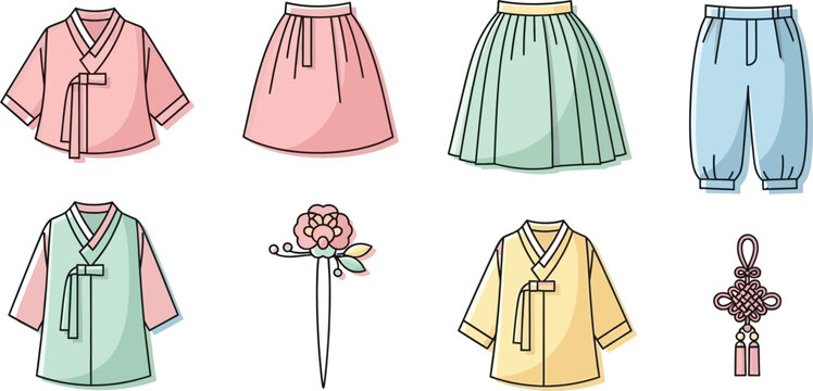 Detailed collection of traditional korean hanbok clothing garments skirts tops pants and accessories flat vector graphic