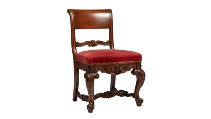 Ornate wooden chair with red cushion, carved legs, isolated on transparent background, captured front‑on in lighting, showcasing elegant art design.