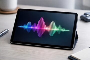Colorful sound wave visualization displayed on a modern tablet in an office environment showcasing digital audio analysis and creativity in contemporary design aesthetics