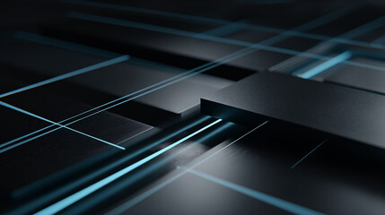 Futuristic IT and technology infrastructure with sleek digital architecture and glowing blue neon lights viewed from above