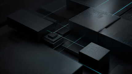 A futuristic IT and technology scene with cubes and neon lines viewed from above in a dark environment