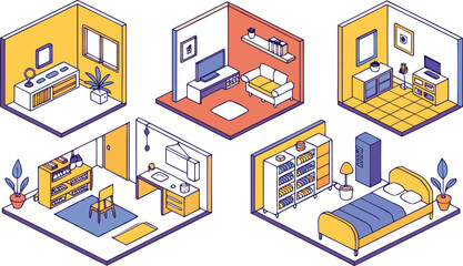 Obraz premium Home interiors elements concept isometric 3d icons set. Furnished rooms isometry isolated collection. bedroom, childs room, Living room, kitchen with dining space, hall and other. Vector illustration