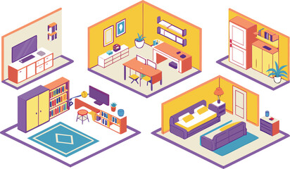 Obraz premium Home interiors elements concept isometric 3d icons set. Furnished rooms isometry isolated collection. bedroom, childs room, Living room, kitchen with dining space, hall and other. Vector illustration