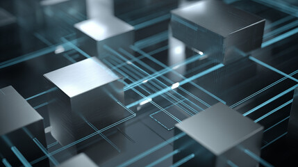 A futuristic IT and technology hub with metallic cubes and glowing blue circuit lines, showcasing advanced digital infrastructure and modern data processing, viewed from a 3D perspective.
