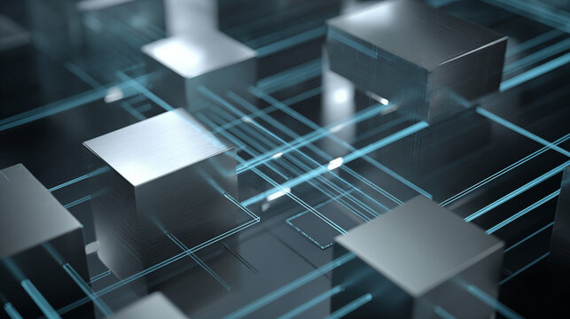 A futuristic IT and technology hub with metallic cubes and glowing blue circuit lines, showcasing advanced digital infrastructure and modern data processing, viewed from a 3D perspective. - Powered by Adobe
