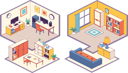 Obraz premium Home interiors elements concept isometric 3d icons set. Furnished rooms isometry isolated collection. bedroom, childs room, Living room, kitchen with dining space, hall and other. Vector illustration