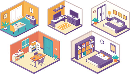 Obraz premium Home interiors elements concept isometric 3d icons set. Furnished rooms isometry isolated collection. bedroom, childs room, Living room, kitchen with dining space, hall and other. Vector illustration