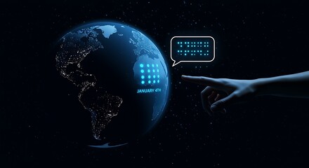 hand pointing to a digital calendar on a globe in space