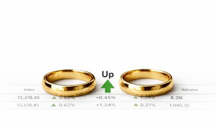 Two golden rings are positioned above financial data, with an upward trend indicator, symbolizing growth and investment in relationships or assets.