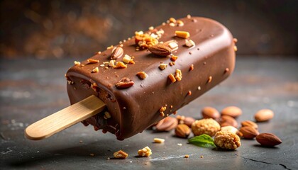 Chocolate-covered ice cream bar with embedded nuts and cracked surface on wooden stick against neutral background.