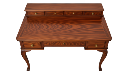 Elegant wooden writing desk, classic design, rich dark polished finish, intricate details, functional drawers, luxury furniture, isolated on transparent background