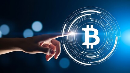 A hand reaching towards a glowing bitcoin symbol surrounded by a digital network of data points and lines