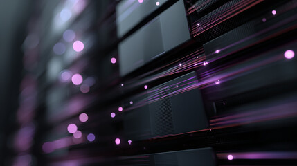 Futuristic data center with sleek servers and vibrant purple lights illustrating IT and technology advancements in a modern computing environment from a dynamic viewpoint