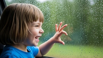 Child's joyous moment by the rainy window