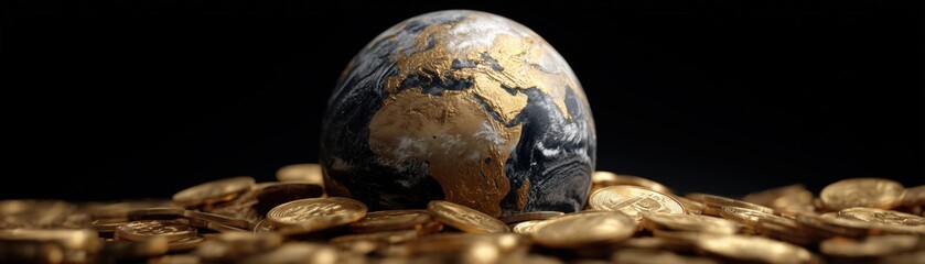 Golden Coins Surrounding Earth Globe with Africa and Europe Visible in Dark Background