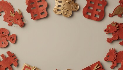 Red and Gold Zodiac Dragon Paper Cutout Patterns on Neutral Background