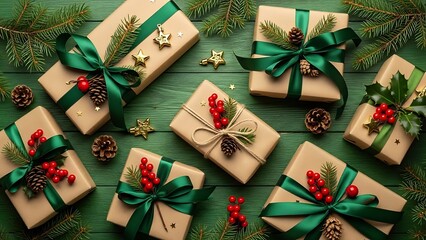 Holiday gift boxes with green ribbons