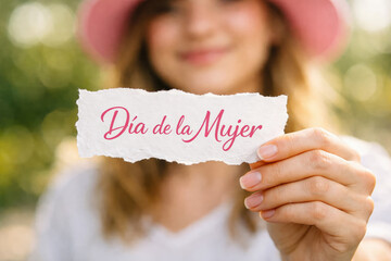 Happy Women's Day Woman holding a sign with a message for International Women's Day celebration