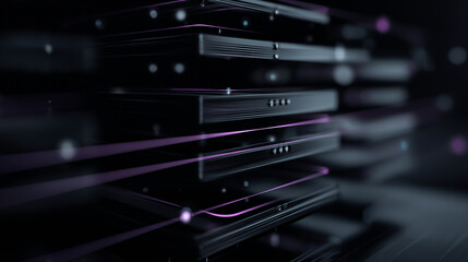 Futuristic server racks with glowing purple lines and dots in a dark IT and technology infrastructure environment