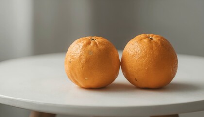 Two Fresh Mandarin Oranges on a White Table with Subtle Gold Highlights