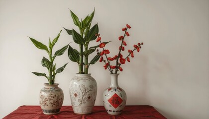 Elegant Display of Lucky Bamboo and Plum Blossoms in Decorative Porcelain Vases