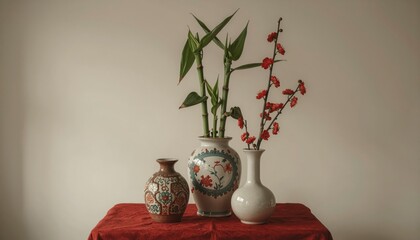 Elegant Arrangement of Lucky Bamboo and Plum Blossoms in Decorative Porcelain Vases