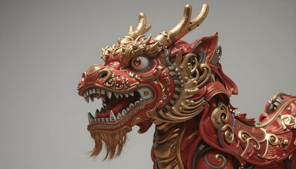 Intricate Red Dragon Sculpture with Golden Embellishments and Fierce Expression