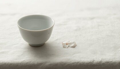 Minimal Still Life of Porcelain Teacup with Soft Flower on Neutral Background