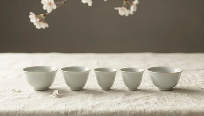 Minimalist Still Life of Porcelain Teacups on a Neutral Background with Blossoms