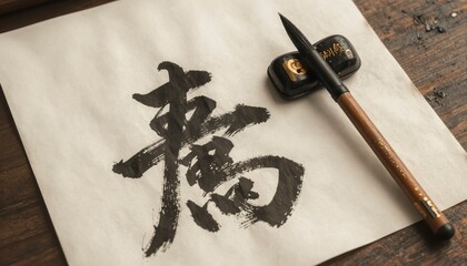 Elegant Chinese Calligraphy with Gold Ink on Rice Paper Featuring Brush and Tool