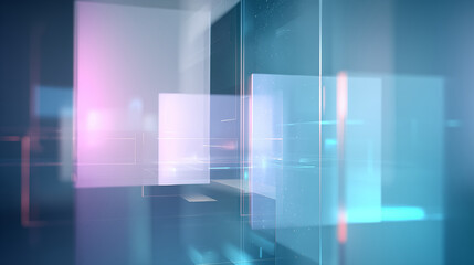 Futuristic IT and technology showcase with abstract glass panels and neon lights in a modern architecture interior viewed from a dynamic angle