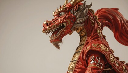 Vibrant Red Dragon Costume with Intricate Gold Embroidery for Dance Performance