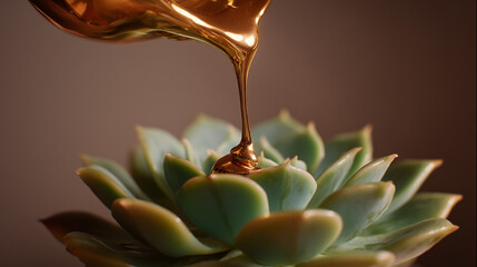 Liquid gold poured over a green succulent plant: concept of nature's transformation and investment value