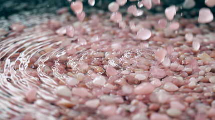 Polished rose quartz stones falling into water with waves; concept of wellness and crystal therapy