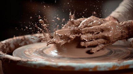 Hands shaping wet clay on a potter's wheel with splashes; concept of craftsmanship and creativity