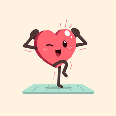 Cartoon cute heart character exercising on yoga mat