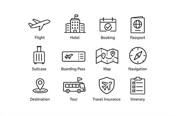 Travel icons: flight, hotel, booking, passport, navigation, itinerary