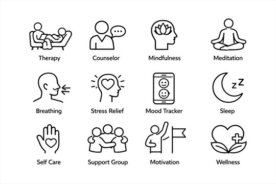 Icons of therapy and wellness: mindfulness, meditation, self-care, motivation, sleep - Powered by Adobe