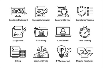 Legaltech solutions icons for document review and compliance tracking