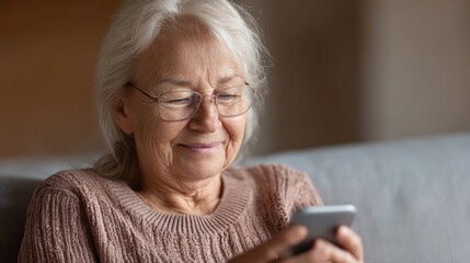 Senior woman smiles while using smartphone on couch in living room