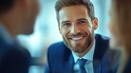 Man smiles while listening to a conversation at a business meeting in an office setting