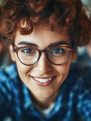 Woman with curly hair smiles at the camera while wearing glasses in a casual setting