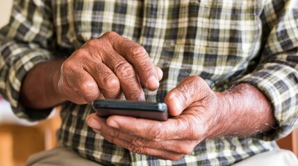 Elderly man uses smartphone while sitting indoors on a cozy afternoon